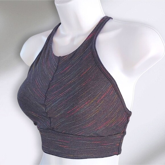 prAna Itzel High Neck Ladder Back Grey Pink Blue Yellow Sports Bra Women's XS - Picture 3 of 10